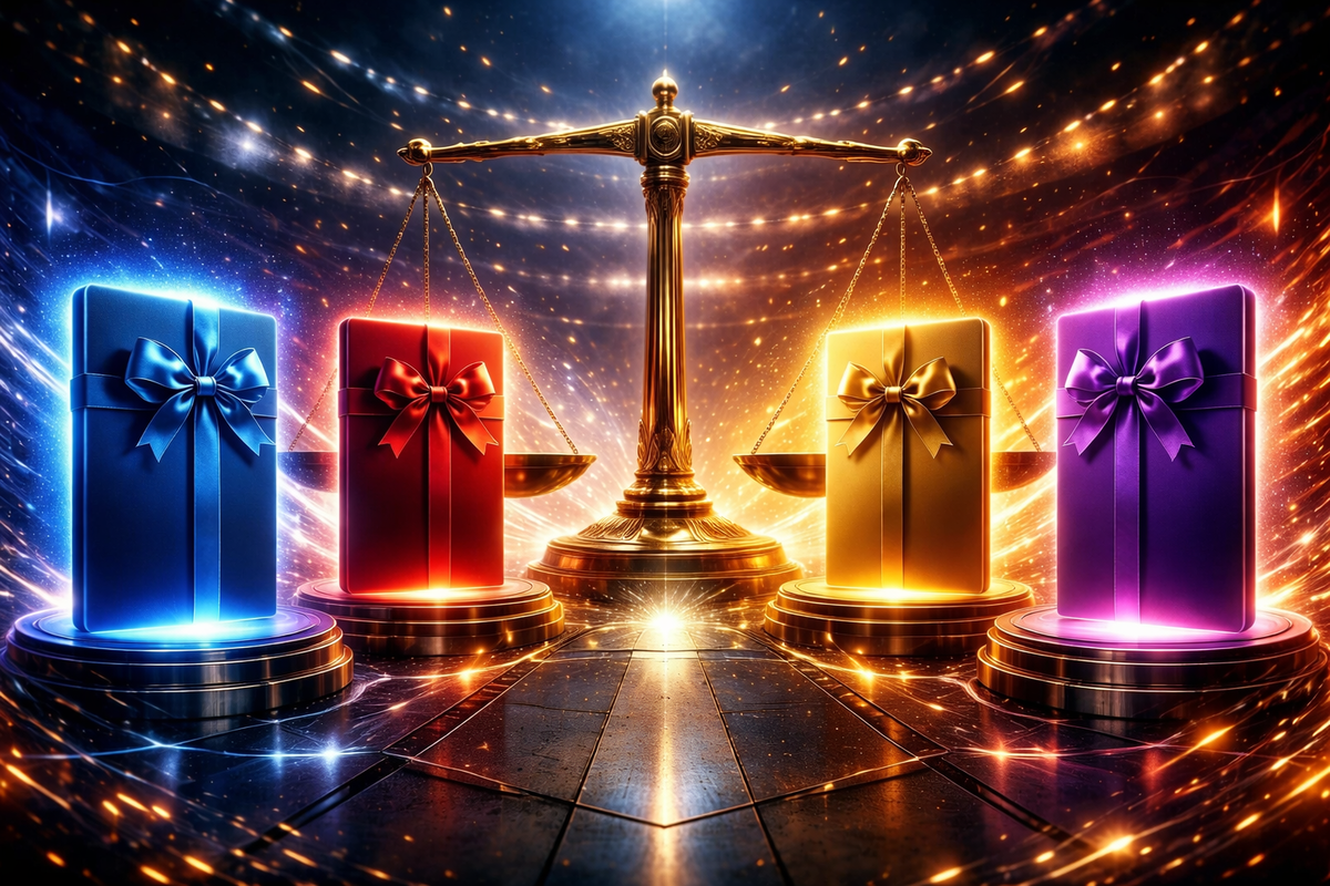 A golden scale weighing four glowing gift boxes on pedestals—promo showdown drama, ruthless comparison vibe, choose-the-winner euphoria