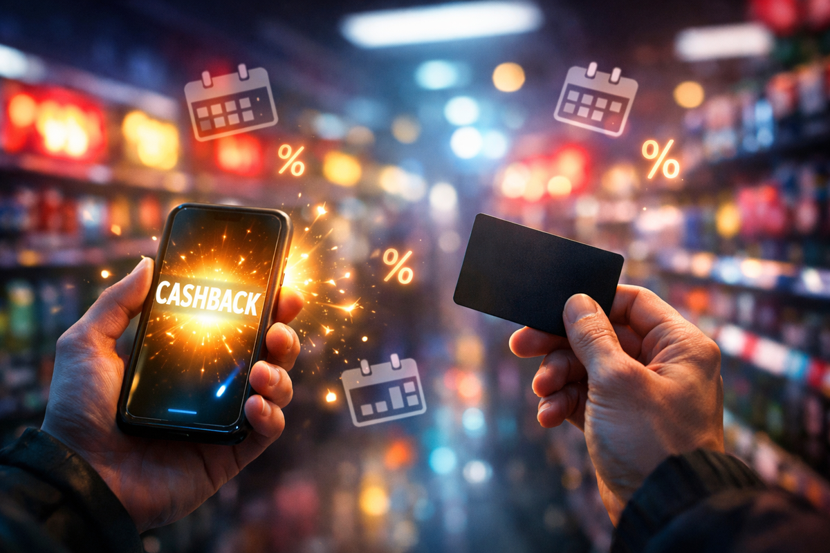 Cashback exploding from a glowing smartphone in a convenience store aisle—calendar icons and floating percentages ignite urgency, greedy excitement, and “don’t miss this” late-night deal energy