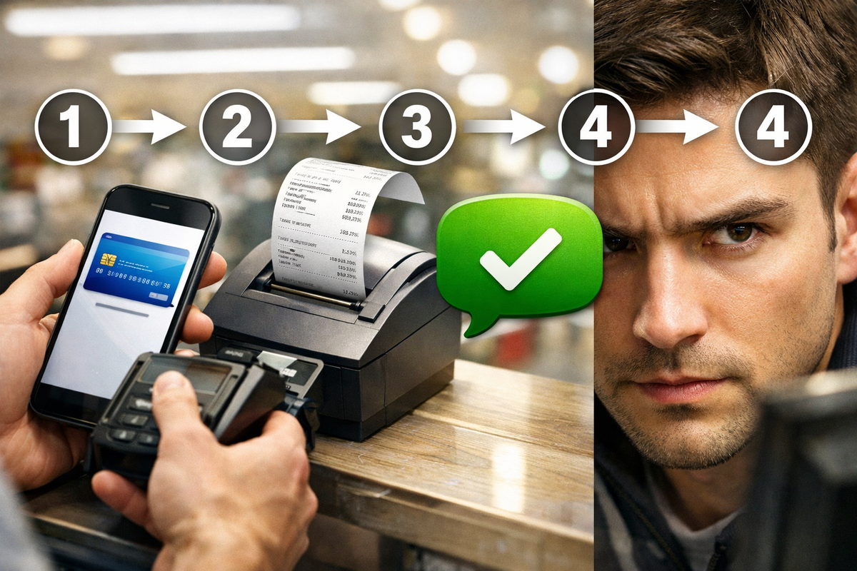 Step-by-step checkout moment—smartphone payment, receipt printing, green approval bubble, and intense focused eyes—clean success flow charged with confidence, relief, and reward anticipation