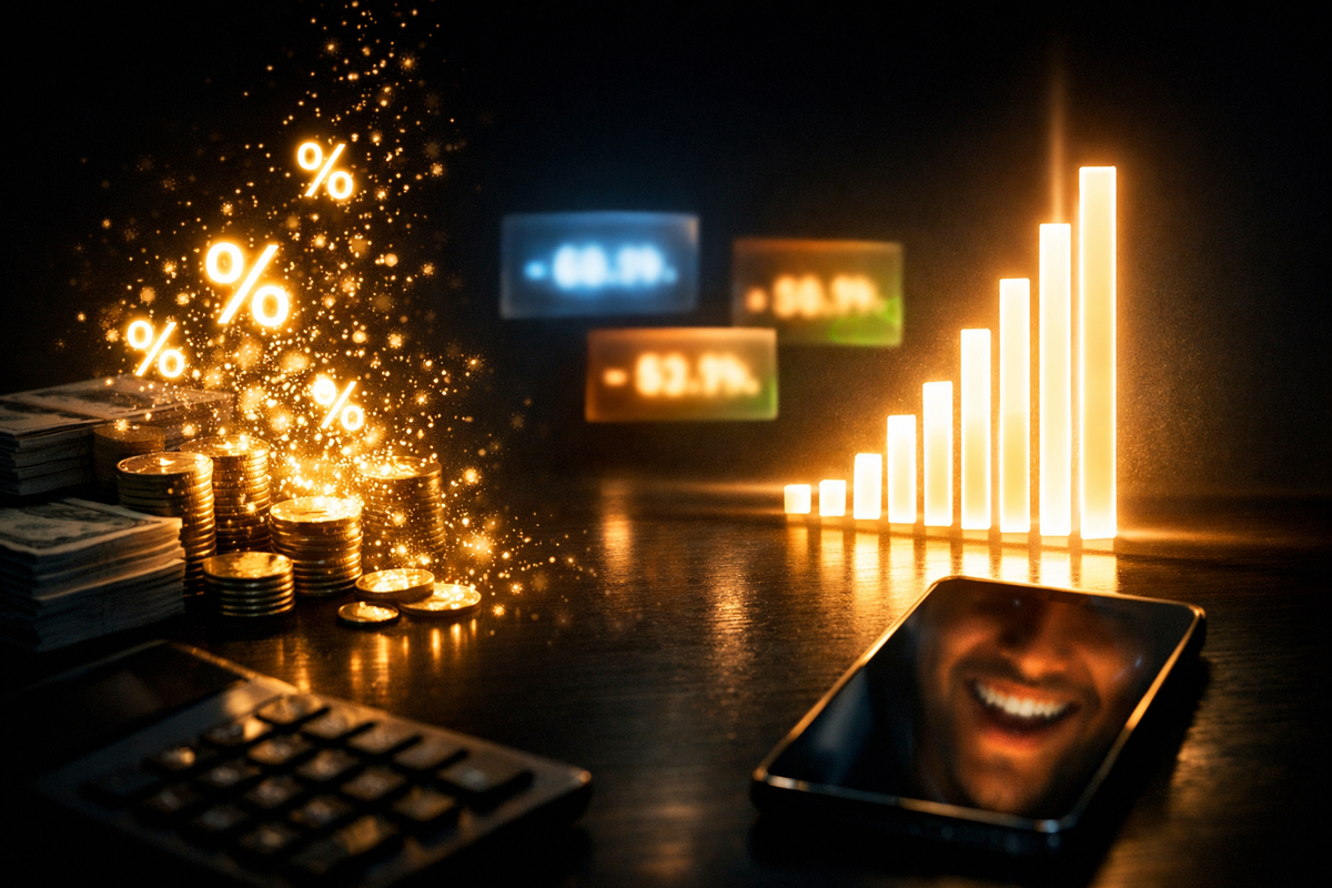 Stacks of coins bursting into golden percentage sparks beside a rising bar chart—pure profit fantasy, accelerating gains, and addictive satisfaction as savings visibly snowball