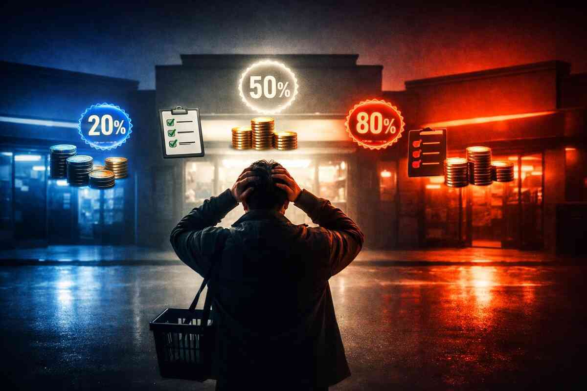 Confused shopper frozen between three glowing storefronts with competing cashback rates—decision paralysis, pressure, and the emotional battle to choose the smartest deal tonight