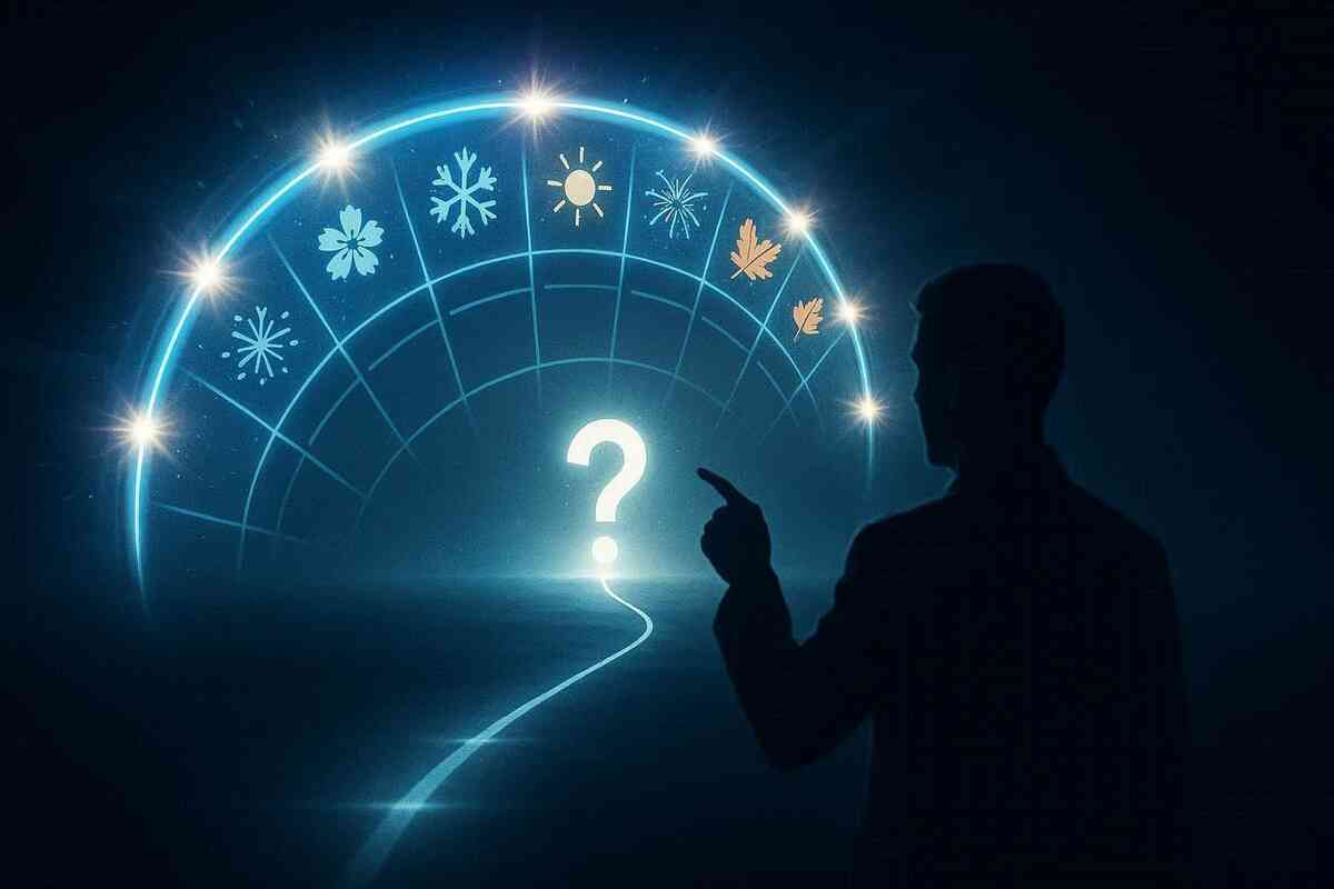 Seasonal timeline arc with glowing symbols and a mysterious question mark—curiosity, suspense, and strategic anticipation while predicting the next big cashback opportunity