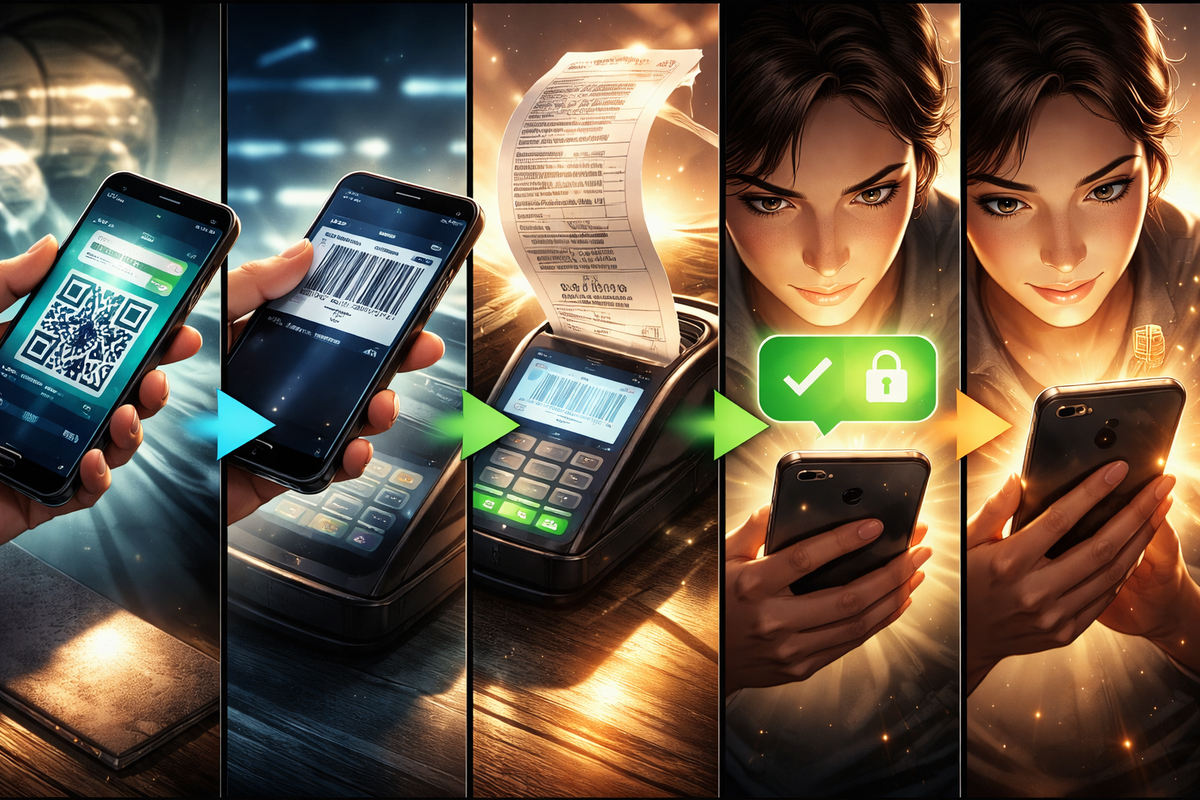 Five-panel step flow from QR scan to receipt print to verified approval—laser-focused eyes, clean momentum, and unstoppable confidence as every step locks in success