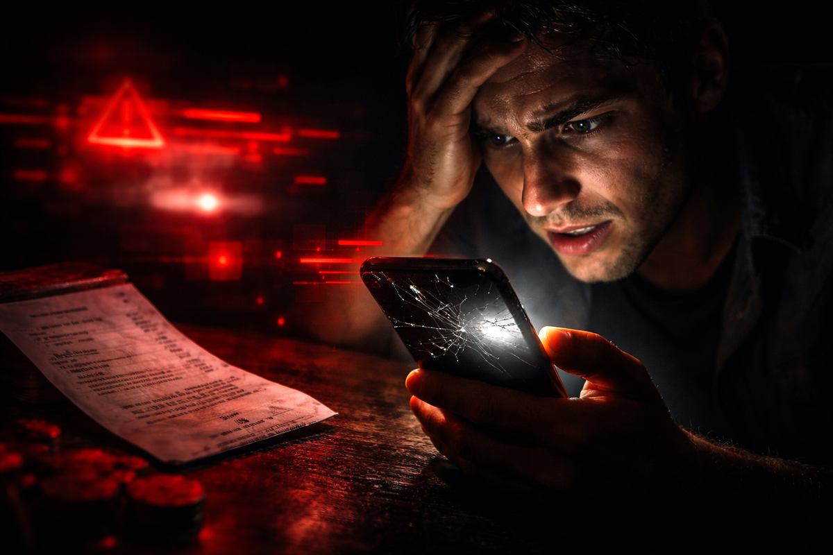 Stressed face lit by a cracked smartphone and warning-red alerts, receipt on the table—raw frustration, sinking dread, and the nightmare of a cashback mistake
