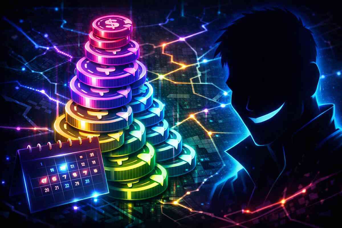 Neon stack of glowing coins rising beside a calendar grid and data lines—strategic obsession, long-game thinking, and the thrill of watching savings compound