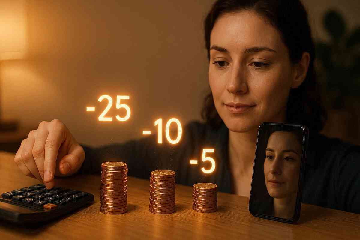 Calm late-night calculation with coin stacks, glowing numbers, and a thoughtful smile—quiet control, smart restraint, and the deep satisfaction of choosing the perfect amount