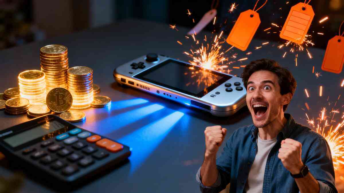 Handheld gaming console on a desk with exploding price tags, stacked coins, and a cheering gamer—shock, joy, and jackpot-level excitement as affordability meets hype
