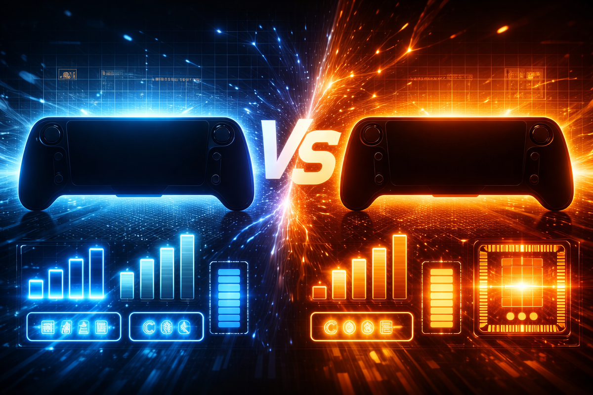 Blue-versus-orange head-to-head of two handheld controllers with rising performance bars—raw rivalry, spec warfare, and the thrill of choosing the stronger future device