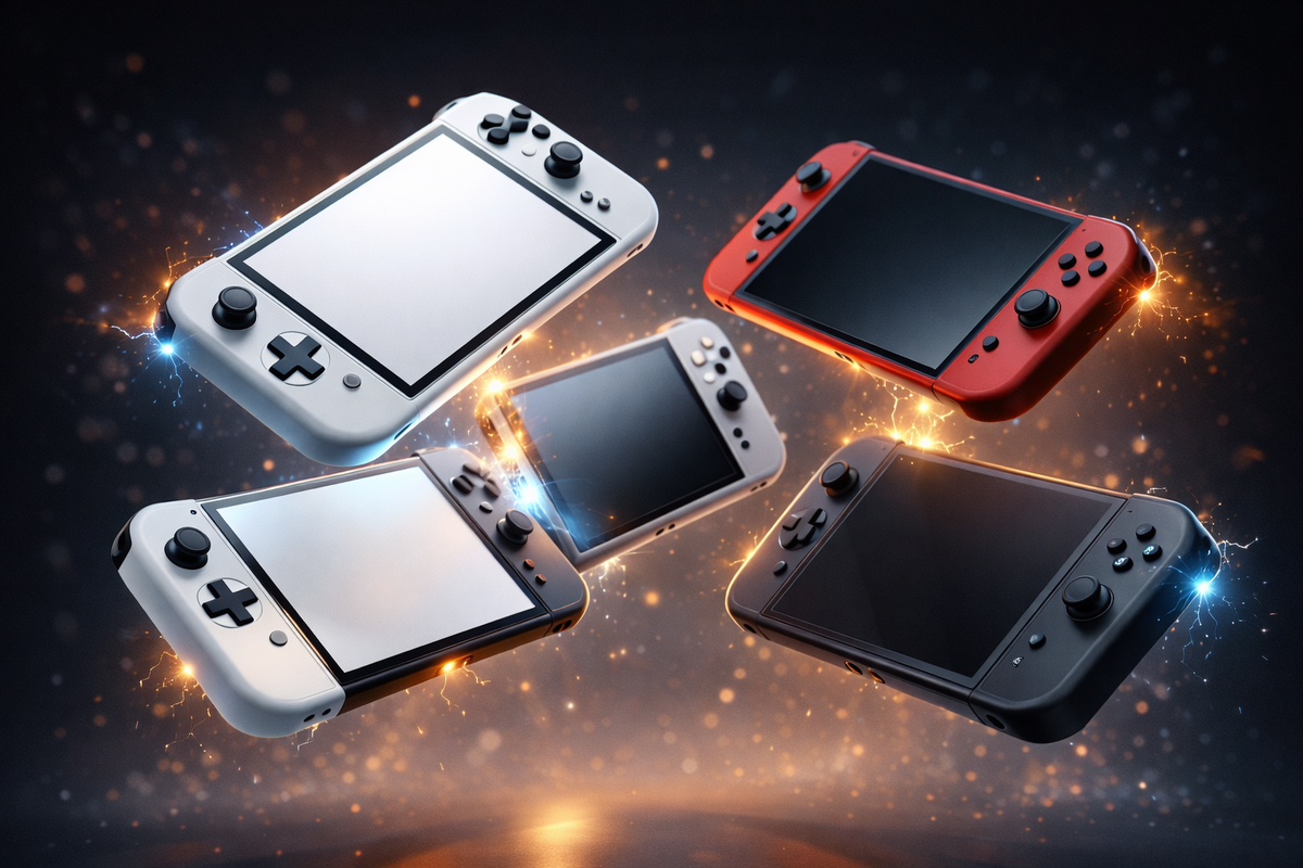 Multiple handheld consoles floating in mid-air with crackling energy and color variants—pure design lust, variety overload, and irresistible next-gen temptation