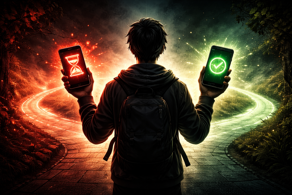 Gamer standing at a glowing crossroads holding two phones—one with a red hourglass, the other with a green check—inner conflict, fear of regret, and the agony of choosing now or later