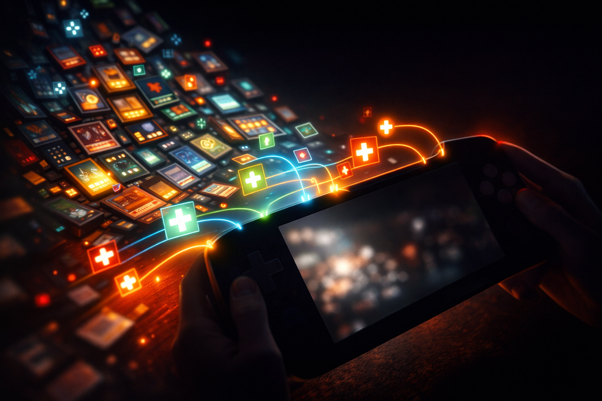 Handheld console unleashing a cascade of game icons and glowing plus symbols—limitless library dreams, compatibility relief, and explosive play-anywhere excitement
