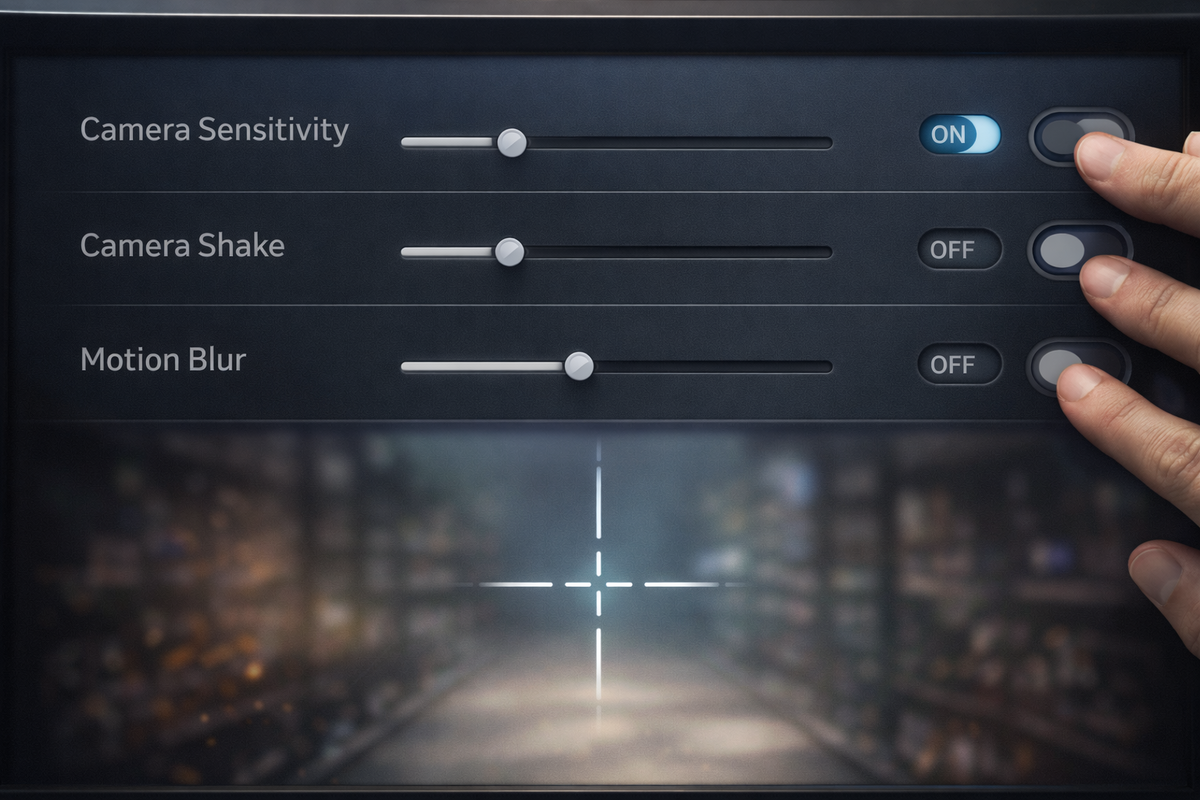 In-game comfort settings close-up—camera sensitivity slider lowered, camera shake and motion blur switched off, a calm crosshair centered like an anchor, relief and control after the tweak
