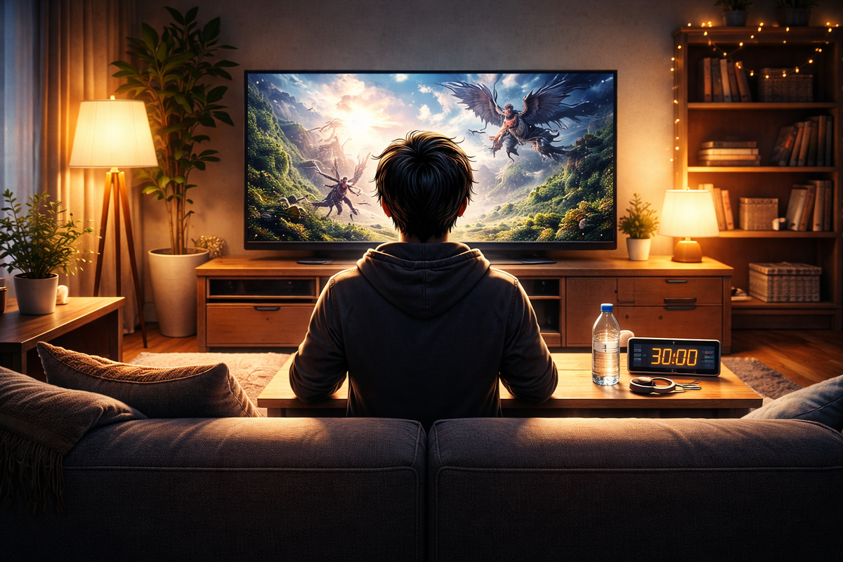 Cozy living-room antidote setup—player seated upright at a safe distance from a big TV, warm lights on, timer counting down for a break, “I can finally breathe” comfort mood