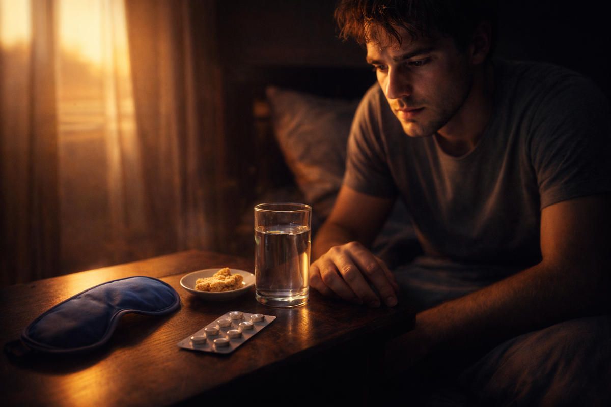Post-3D-sickness recovery scene—exhausted gamer by bedside with water glass, light snack, eye mask, and motion-sickness tablets, soft sunrise glow, fragile relief after nausea