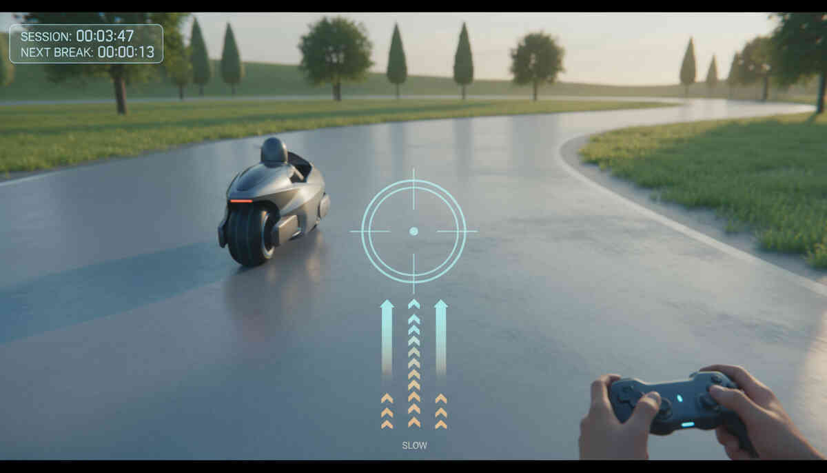 Beginner-friendly training run—gentle track at slow speed with a centered reticle and “next break” HUD timer, steady hands on controller, calm focus replacing the spinning feeling