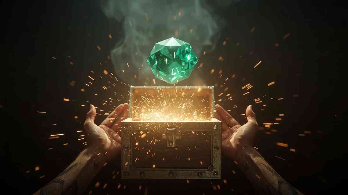 S-rank reward rush—hands open a blazing chest as an emerald upgrade gem levitates in sparks and smoke, pure triumph, relief, and “I earned this” adrenaline