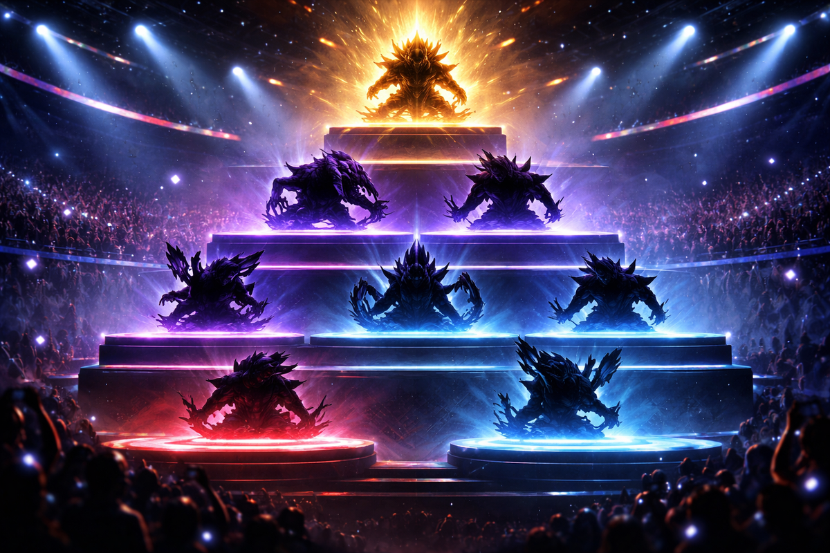 S-rank reward rush—hands open a blazing chest as an emerald upgrade gem levitates in sparks and smoke, pure triumph, relief, and “I earned this” adrenaline