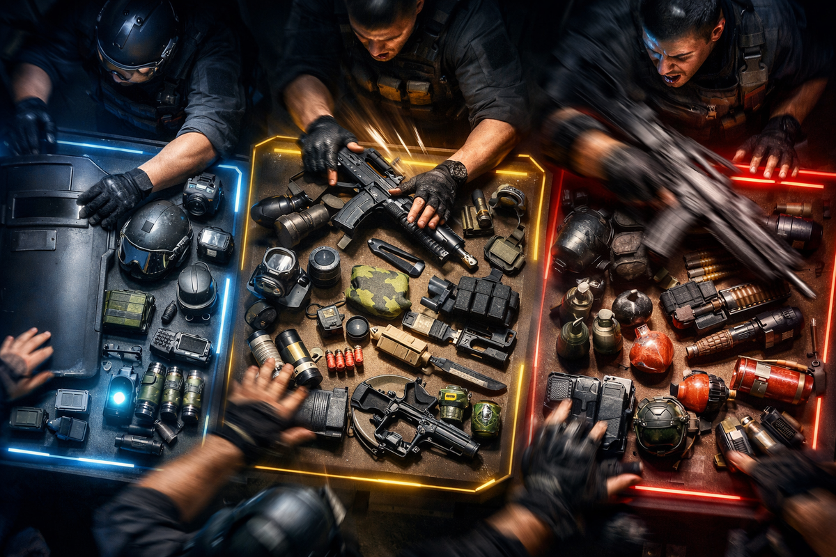 80% win-rate squad build vibe—three neon-lit loadout tables packed with tactical gear and weapons, frantic hands grabbing picks, sweaty focus, all-in intensity
