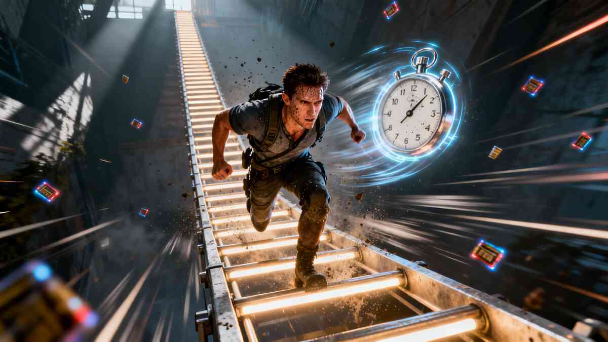 Fastest S-rank climb—gritty runner sprinting up a glowing ladder with a swirling stopwatch aura, dust flying, tunnel-vision determination, zero-breath momentum