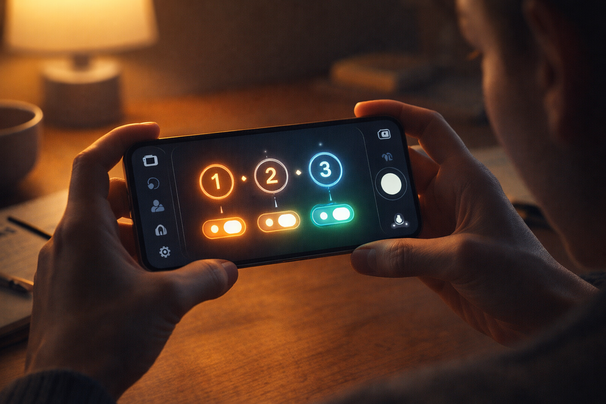 Three-step instant setup glow—hands toggling 1→2→3 on a camera screen, cozy desk light, beginner-proof confidence, satisfying “click-on” momentum that feels unstoppable