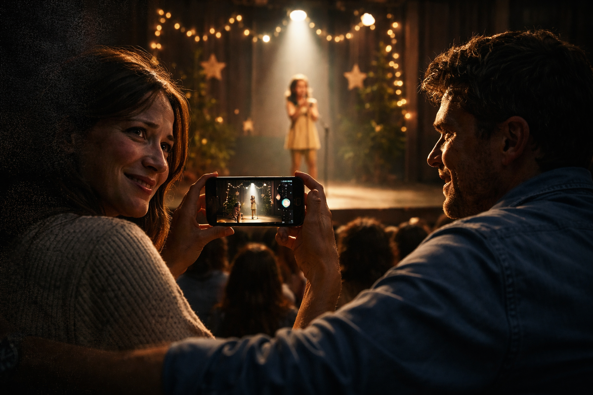 Tears-of-pride school stage moment—parents recording a child under warm spotlights, sparkling bokeh, hearts racing as the memory locks in crisp and magical