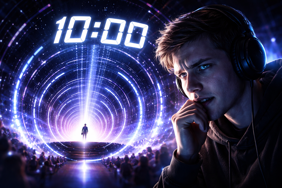 10-minute countdown pressure—creator in headphones staring into a futuristic light tunnel, anxious focus and time-crunch intensity, the “don’t mess this up” vibe in full force