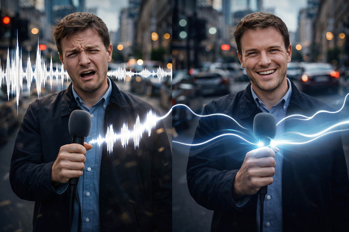Noise-to-clean miracle split-screen—street reporter goes from painful wind chaos to crystal voice clarity, instant relief and pro-level polish that feels unreal