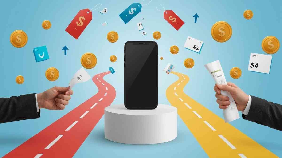 Deal-hunter dopamine hit—flagship phone on a pedestal with flying coins, price tags, and receipts, intense savings energy and “I just won the best price” euphoria