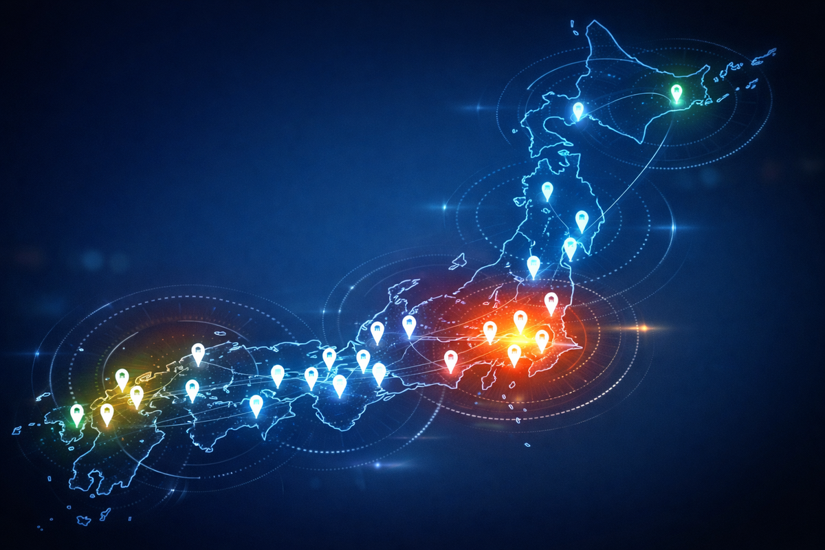 Japan map pulsing with light pins—nationwide stock hotspots heating up—real-time energy, FOMO sparkle, data-driven urgency