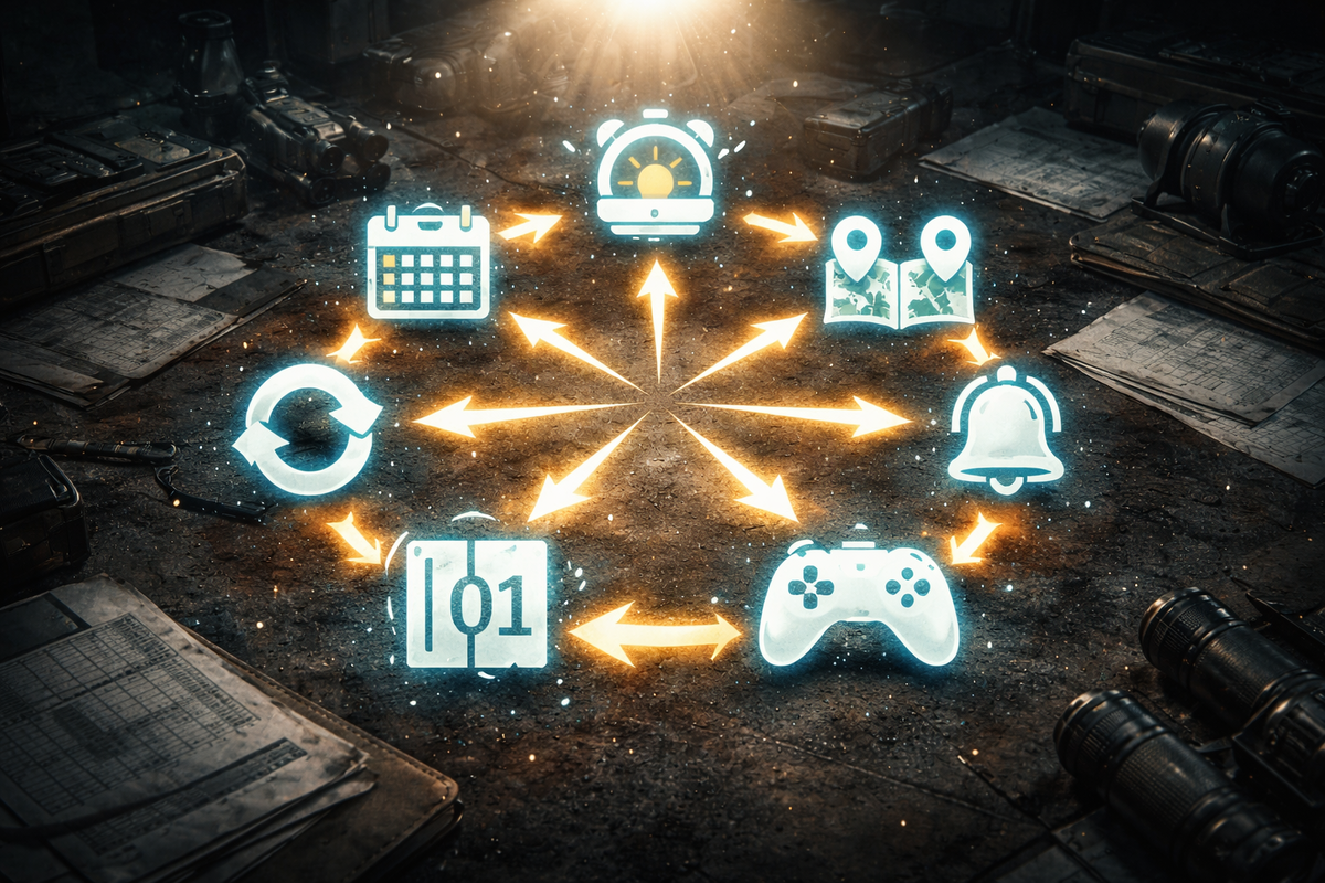 Glowing icons on a tactical desk—strategy arrows, timing, routes, notifications—all connecting like a gamer’s master plan, unstoppable focus