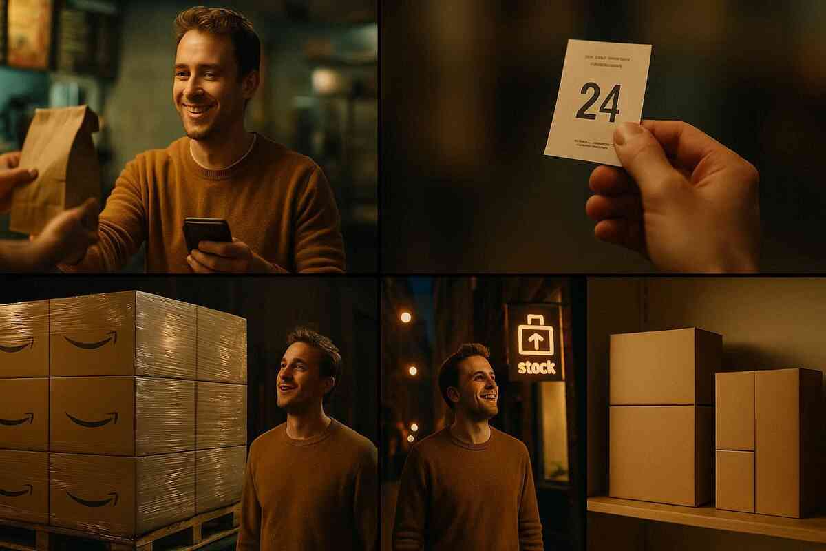 Triumphant real buyers moment—ticket in hand, shelves full, genuine smiles glowing in warm light—authentic victory you can feel