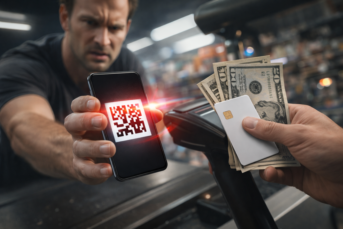 Tense checkout close-up—QR code blazing on a phone as cash and card exchange hands, laser scan frozen in time, heartbeat-pounding instant before a successful charge
