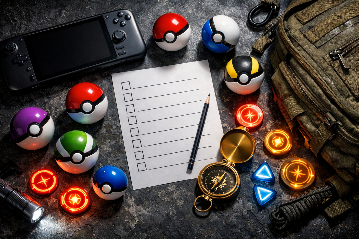Ultimate pre-quest flat-lay: handheld console, checklist, adventure pack and capture spheres—locked-in readiness, adrenaline prep vibes, zero-mistake urgency