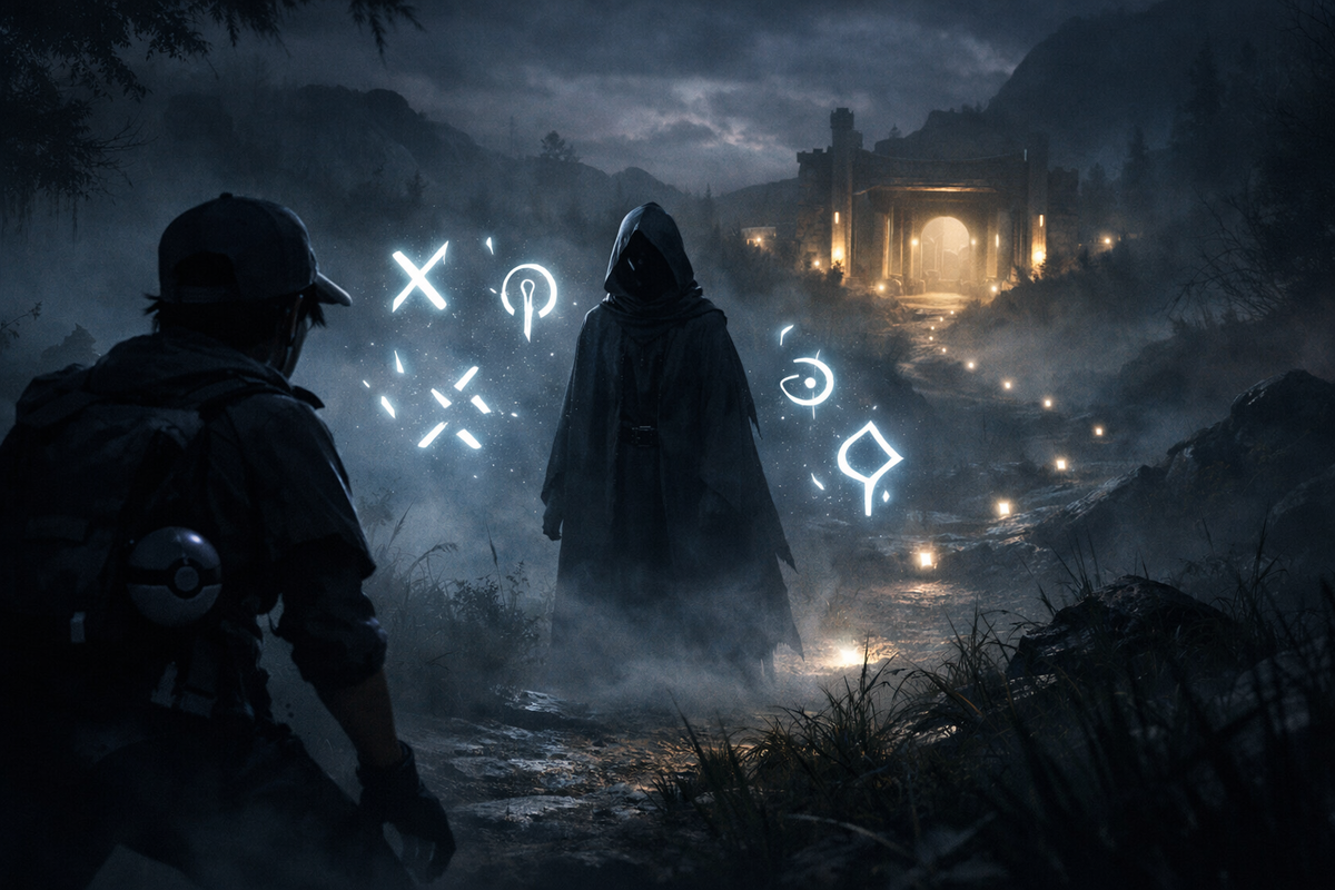 Cloaked stranger on a misty path with floating cryptic glyphs pointing to a distant gate—ominous quest vibes, spine-tingling mystery, “follow the clues” dread