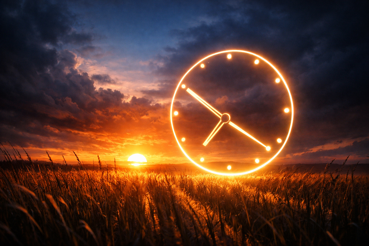 Blazing sunset over tall grass with a giant glowing clock—last-chance dusk window, make-or-break timing pressure, can’t-miss urgency in the air