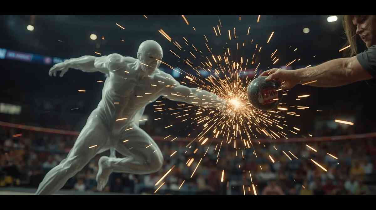 Explosive arena strike at the exact capture moment—sparks flying, split-second precision, ruthless focus, high-stakes “don’t blink” action