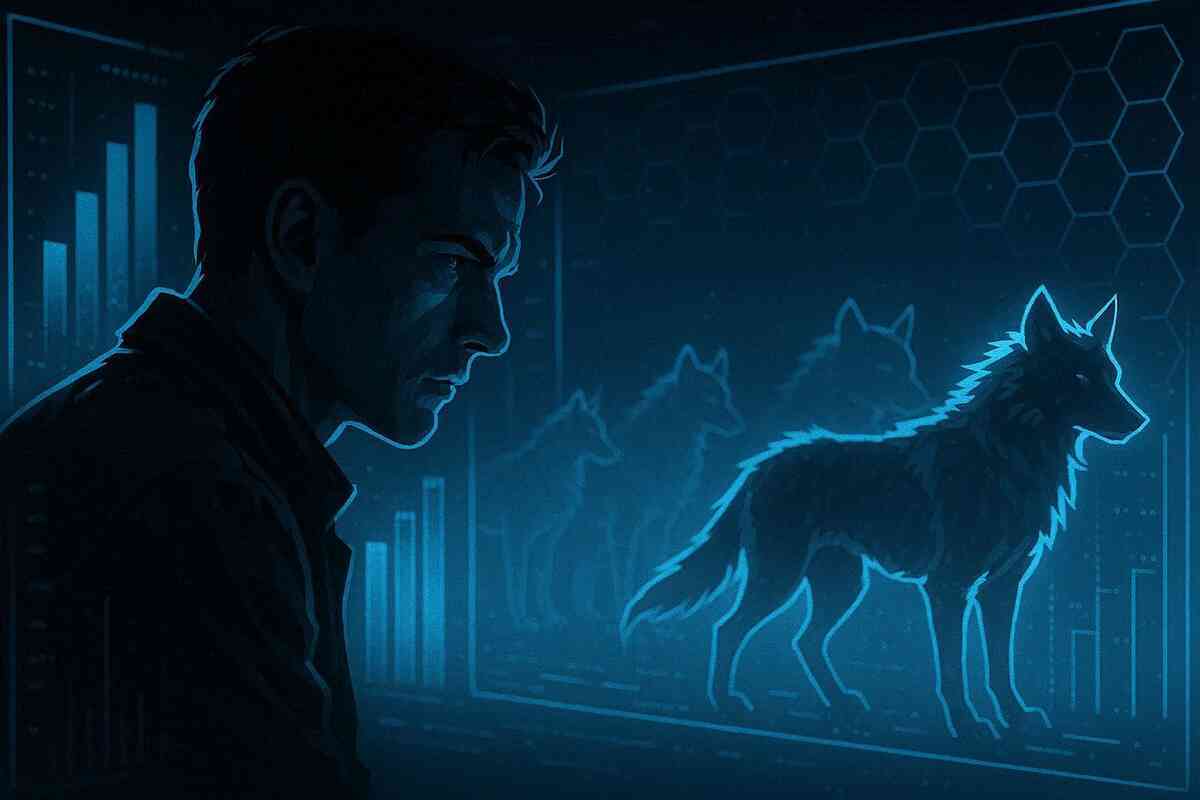 Cold blue strategy lab with stat charts and creature silhouettes—obsessive perfect-build grind, ruthless optimization, victory-hungry competitive aura