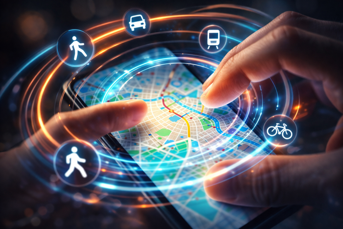 Hands pinch-zooming a digital city map with floating car/walk/train/bike icons—fast mastery energy, total control, satisfying “aha!” moment