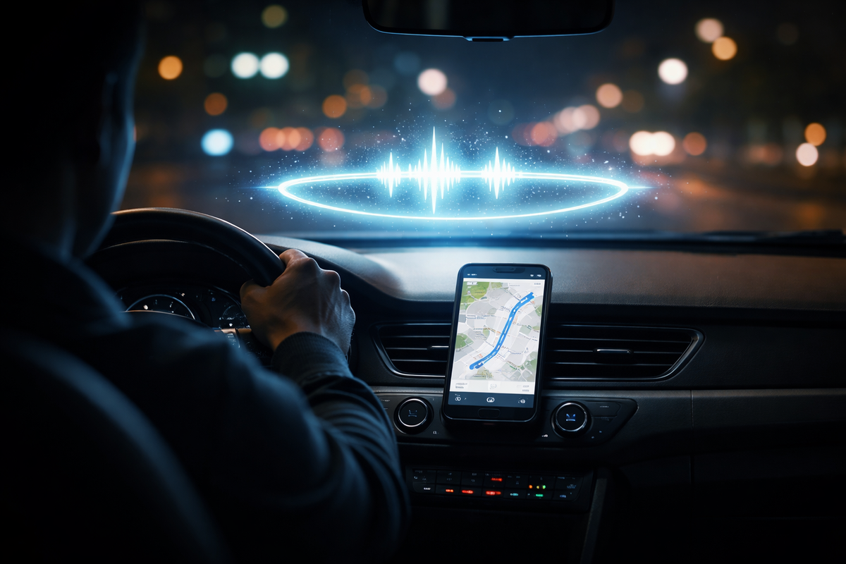 Night drive cockpit with a glowing voice-command halo and map route on the phone—safe AI co-pilot vibes, calm focus, fearless night navigation
