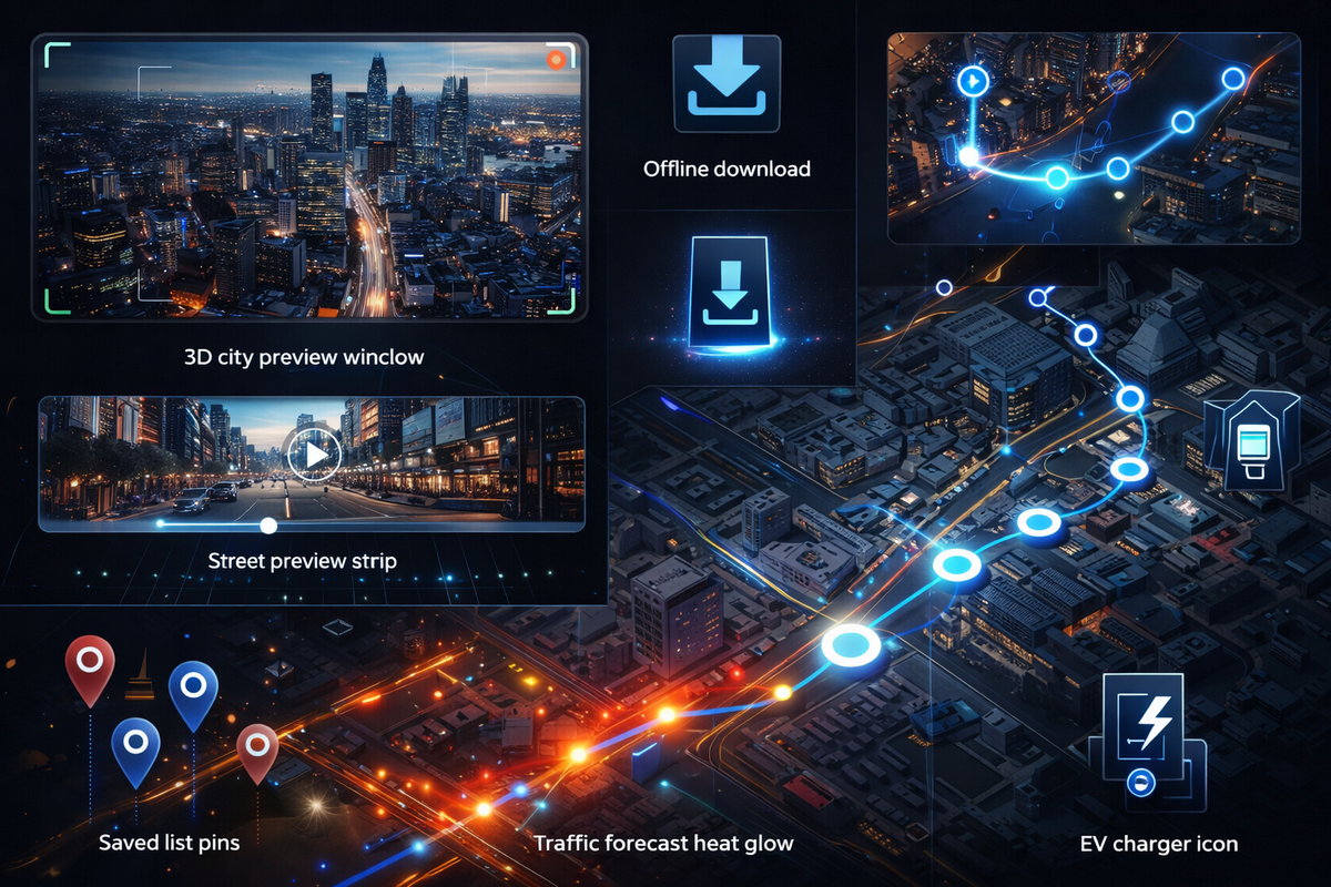 Ultimate map power-feature collage: 3D city preview, offline download, street preview strip, traffic heat glow, EV charging—next-level upgrade rush