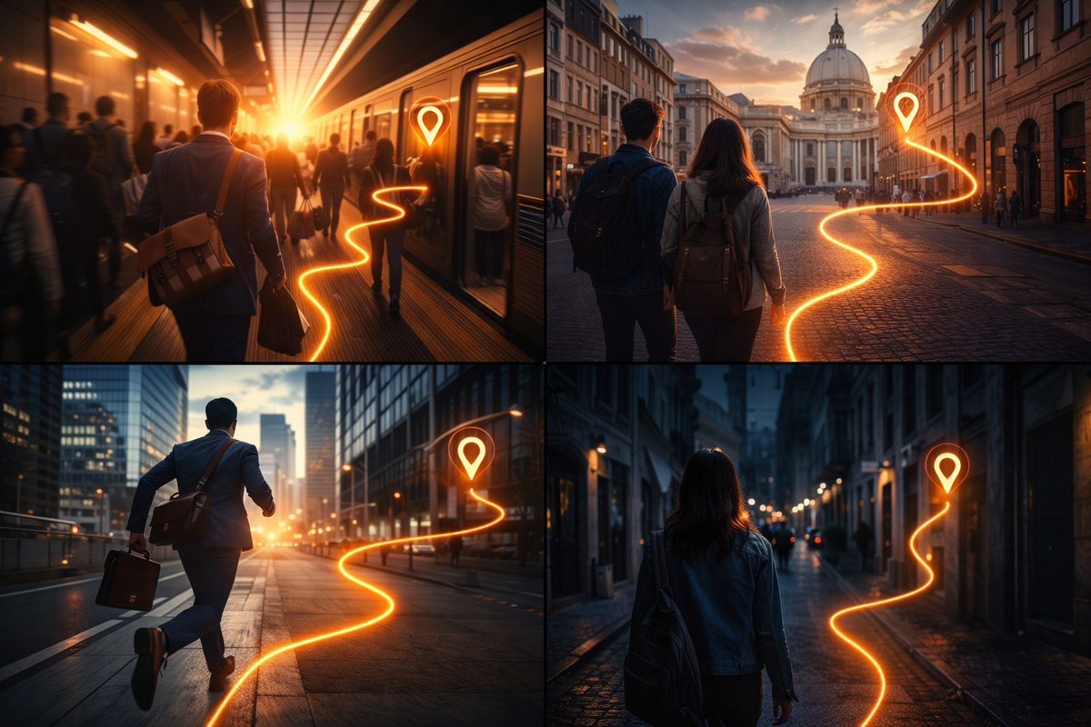 Four real-life scenes with blazing route lines—commute chaos, travel wonder, business sprint, midnight wandering—stress-free direction and thrilling momentum