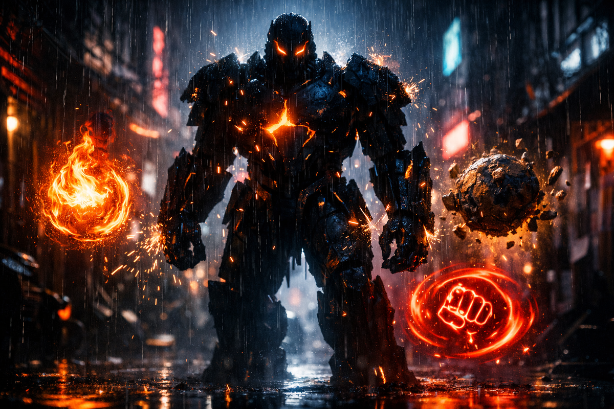 Giant steel golem igniting under neon rain—molten chest flare, fire and earth elements swirling, fists sparking with power—furious strength, cinematic chaos, raw unstoppable energy, battle for dominance in stormlight