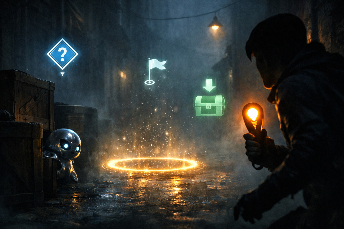 Misty alley quest at midnight—small glowing metal creature hiding behind crates, trainer aiming light toward floating icons—mystery, discovery, anxious heartbeat before adventure, cinematic fog and glowing tension