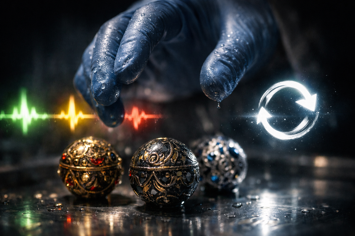 Close-up gloved hand reaching for ornate metallic spheres under cold light—pulse lines flicker red to green, reset icon glowing—high-stakes selection moment, wet adrenaline, obsession and perfection in motion