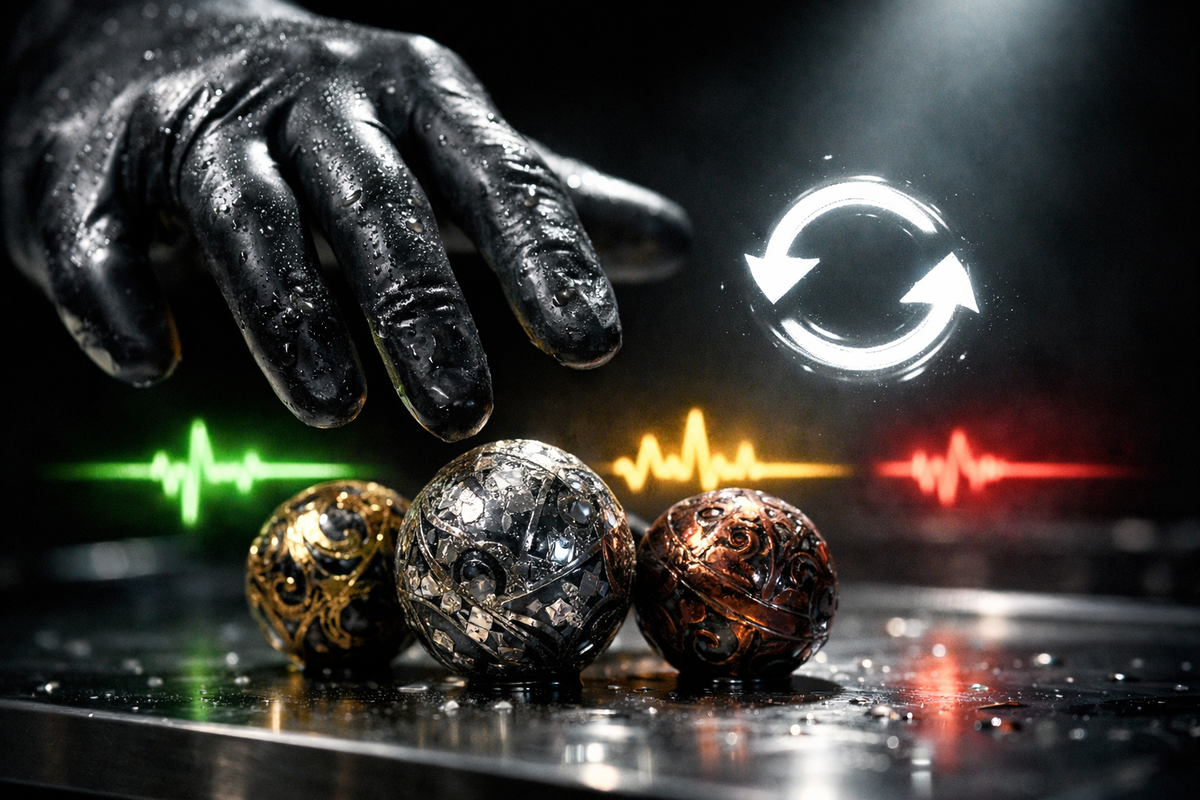 Dark laboratory gleam—black glove hovering over three intricate spheres, heartbeat wave pulsing neon green-yellow-red—precision, power, tension, every choice electrified with consequence and control