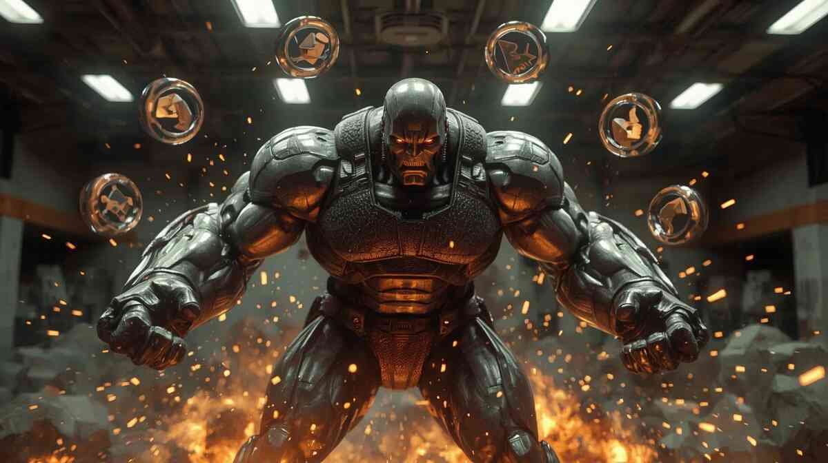 Massive armored titan flexing in inferno-lit chamber—floating metallic emblems orbiting above molten floor—unleashed fury, dominance, unbreakable steel and burning pride before the clash