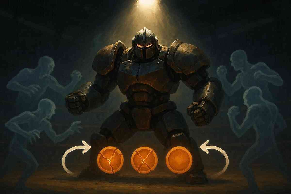 Arena spotlight—ancient iron colossus facing ghostly opponents, molten core orbs glowing at its feet—anticipation, strategy, and primal thrill of combat in a mythic mechanical showdown