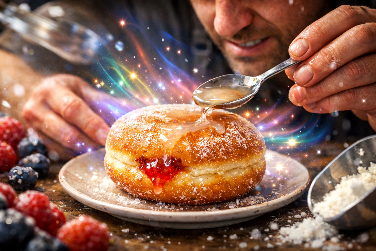 Extreme close-up of a sugar-dusted donut as syrup pours and rainbow sparkles explode—greedy joy, obsession-level craving, “Lv3 boost” magic bursting with hype