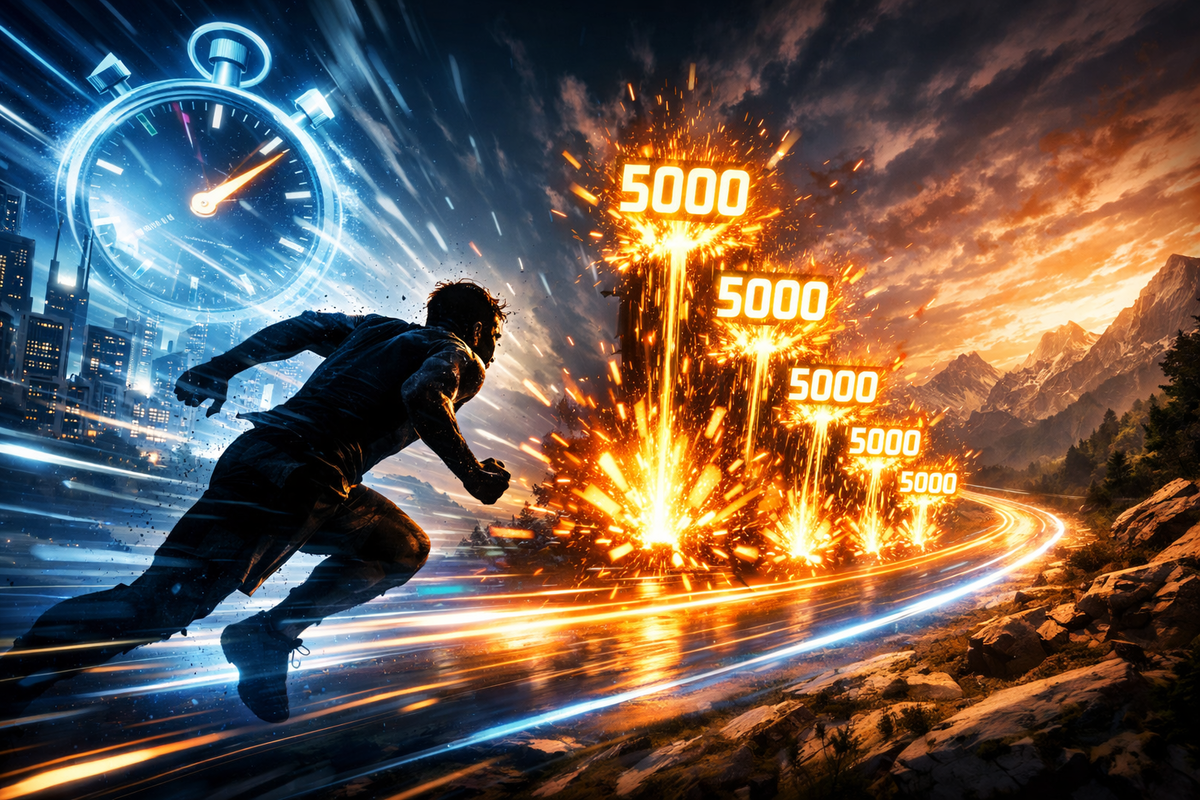 Runner blasting through a time-attack route as five 5000-point explosions ignite—heartbeat speed, do-or-die grind pressure, cinematic victory chase energy