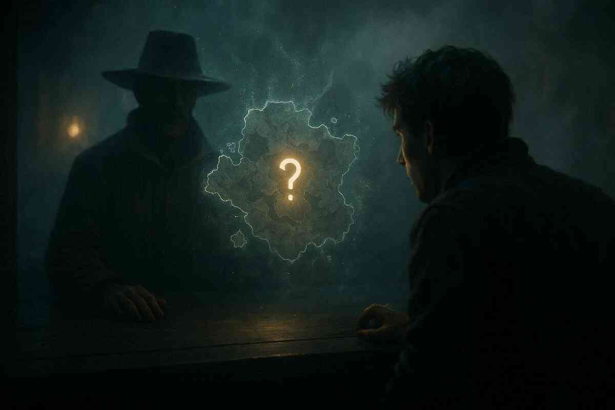 Mysterious guide silhouette across a table facing a player—foggy portal-map with a glowing question mark, eerie suspense, secret mission vibes, anxiety before the big encounter